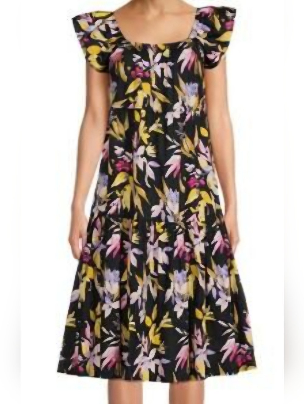 Time and Tru Black Floral Midi Dress with Puff Sleeves